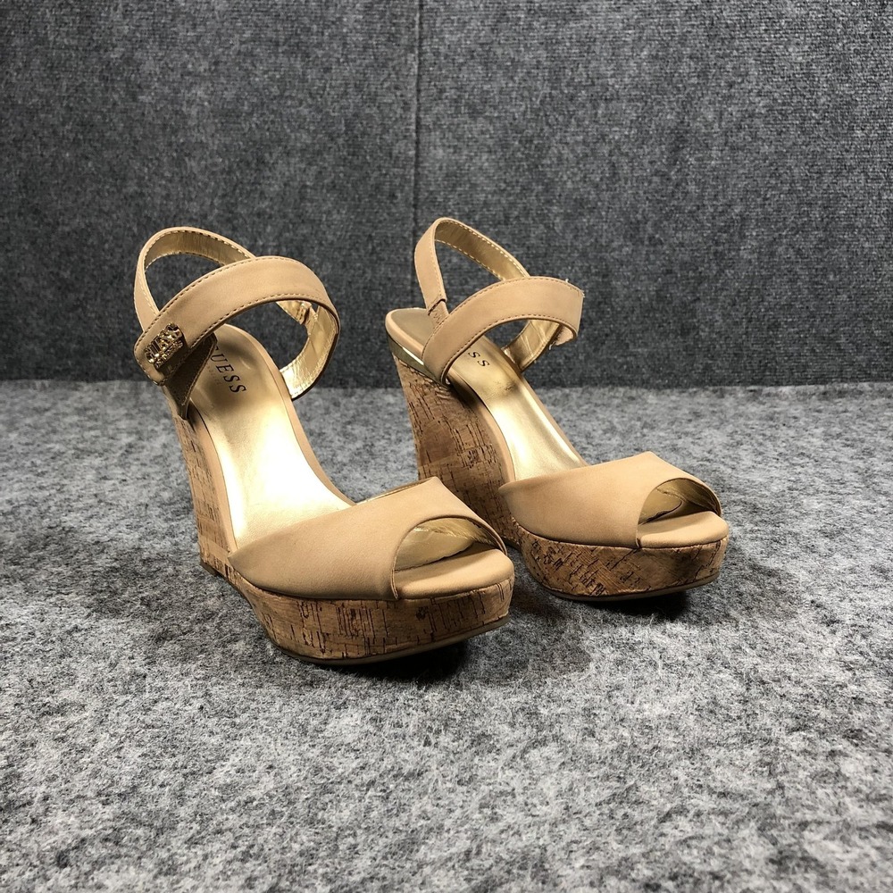 GUESS Wedge Sandals Womens Size 8.5 Beige Cork‎ Platform Slingback Peep Toe